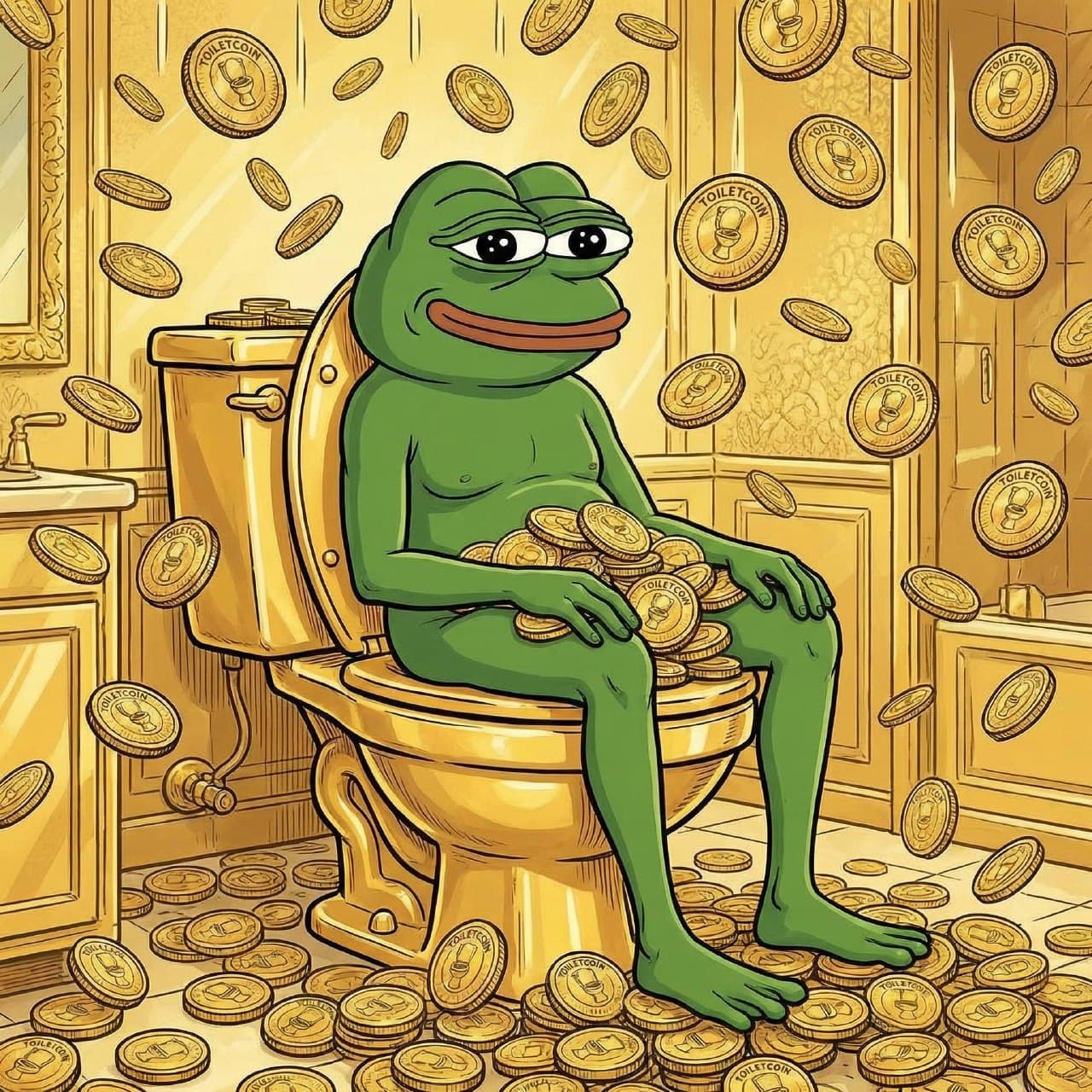 Pepe surrounded by Toiletcoin coins in a golden bathroom